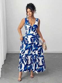Vestido de primavera/verano elegante de mujer talla grande con cuello en V, sin mangas, con botones en la cintura y fruncido, de color floral de dos tonos - Azul - Ver 4