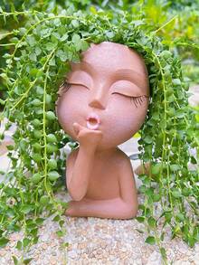 Human Face Flower Pot, Head Flower Pot, Female Face Flower Pot, Plant Pot, Small Kissing Succulent Plant Pot, Suitable For Indoor And Outdoor Plants, Cute Vase Home Decoration, Brown - A - View 2
