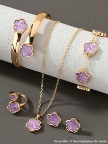 6pcs/Set Lucky Flower Jewelry Set, 1pc Necklace, 1pc Bracelet, 1pc Bangle, 1pc Ring, 1 Pair Earrings, Suitable For Daily, Party, Holiday - Purple - View 3