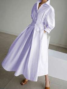 2025 Spring/Summer New Solid Color V-Neck Belted Flared Dress, Commuting Fashion Elegant - Mauve Purple - View 2
