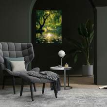 1pc Cuadro de lienzo con marco de madera, Impresión artística, Árbol de sauce junto al lago, Decoración de pared, Adecuado para aniversarios, Decoración para el hogar y la sala de estar, Hermosa decoración de pared - Enmarcado - Ver 2