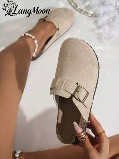 LangMoon 2026 New Arrival Beige Ultra-Light Thick Soft Bottom Flat Beach Outdoor Home Increase Height Ladies Sandals, Fashionable Buckle Open Toe Clogs Style Wooden Sole Women Summer Casual Mules Thick Sole Lightweight Comfortable Great Value Vacation. Shuzia Women Summer Autumn Sandals, High-Quality Suede Buckle Design, Thick Sole Increase Height Ladies Shoes, Suitable For Vacation, Outdoor, Beach, Home, Dating, Commuting, Comfortable Versatile, Suitable For Multiple Holiday Promotions