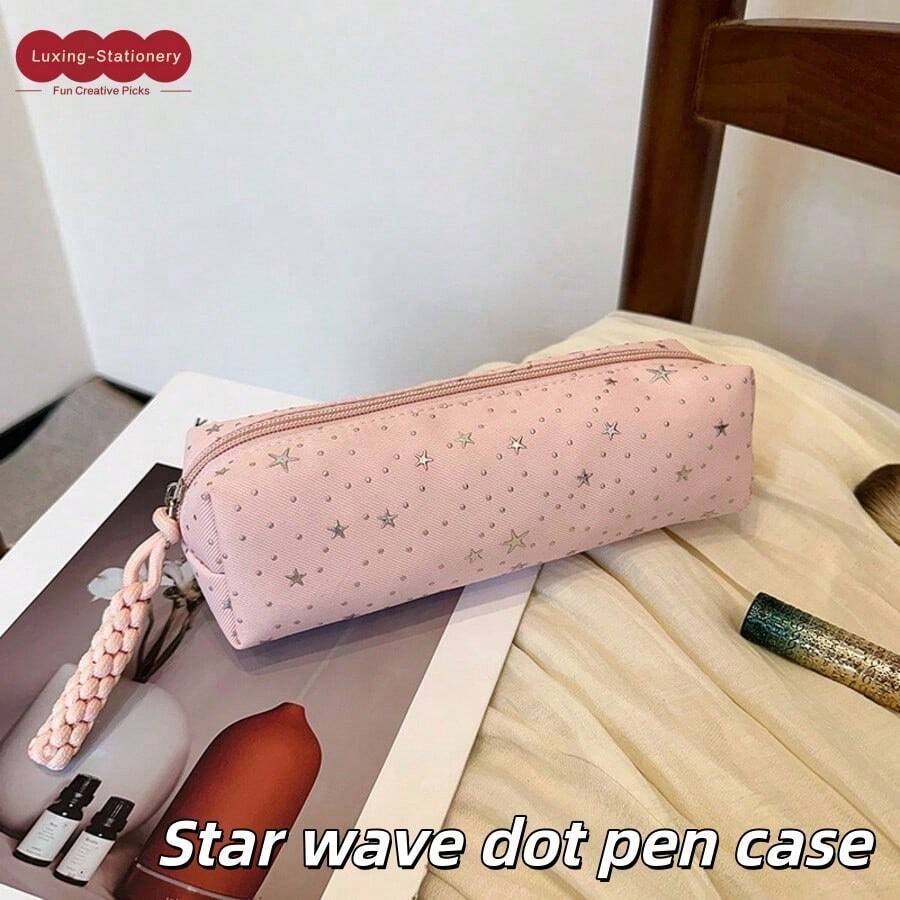 1 hộp bút bằng vải canvas chấm bi hình ngôi sao dễ thương, túi đựng văn phòng phẩm và mỹ phẩm có khóa kéo dung tích lớn chất lượng cao dành cho học sinh.