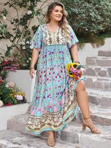 Women Plus Size Floral V-Neck Loose Dress Beach Holiday Summer Party Wedding Season Music Festival Vacation Elegant - 藍色3 - 查看 5
