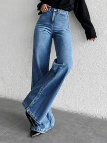 Quần jeans ống rộng cạp cao có túi dành cho nữ tuổi teen, kiểu dáng thoải mái. - Rửa trung bình - Xem 4