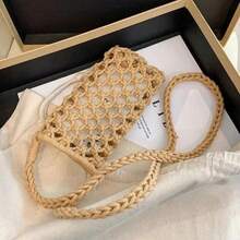 Hollow-Out Woven Crochet Small Crossbody Phone Bag Women Fashion Solid Color Lightweight Braided Shoulder Handbag Crossbody Bags - Brown - View 11