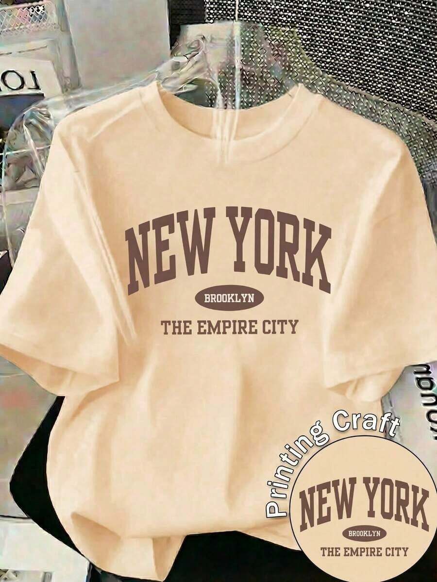 Nueva camiseta de manga corta con cuello redondo para mujeres, diseño primavera-verano, con impresión sencilla de las letras NEY YORK y combinación perfecta, transpirable y absorbe la sudor. Envío directo desde nuestro almacén local, modelo para parejas, ideal para llevar en pareja.-Vintage Street Style Unisex Loose Cotton Short Sleeve Crew Neck T-Shirt - Albaricoque - Ver 1