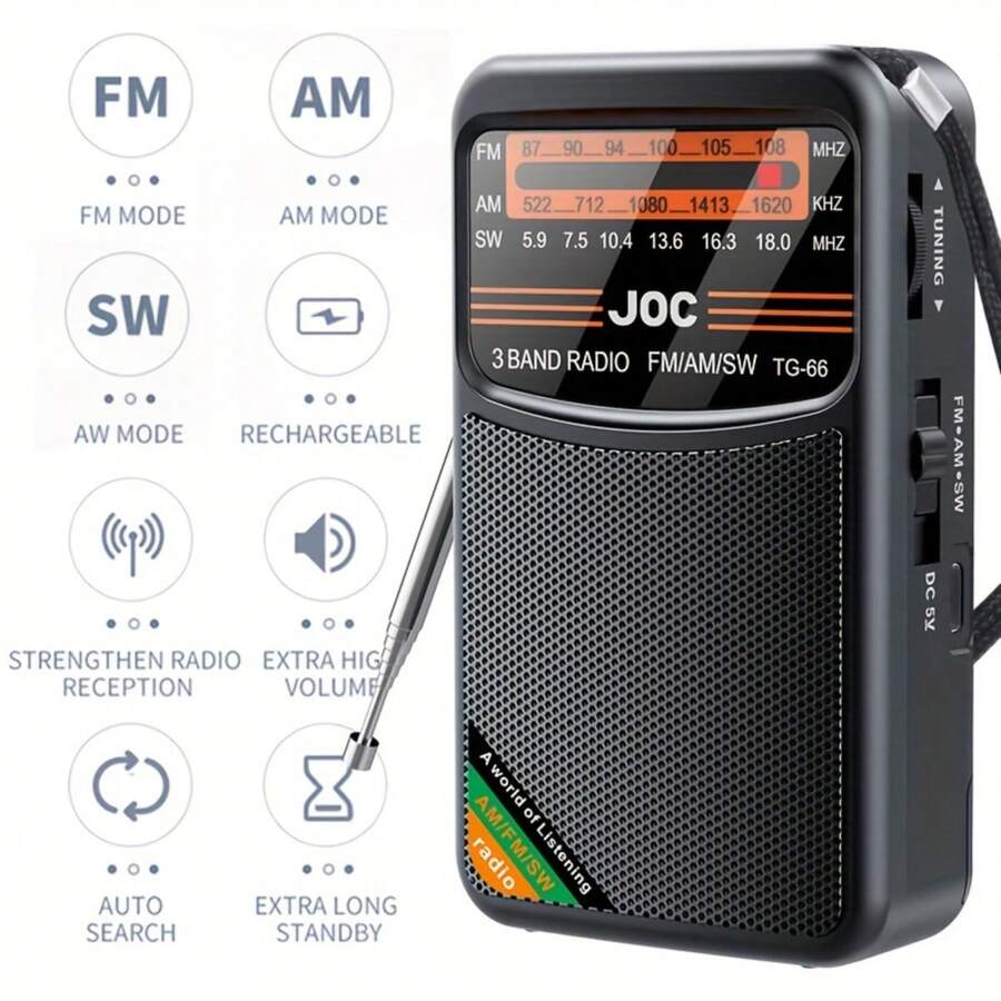 这款小巧的应急收音机具备FM、AM和SW频段，接收效果极佳。它采用电池供电，可充电，并配备高清显示屏，电池容量为500mAh。
