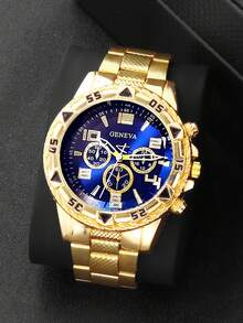 4pcs Teenager Boys' Oversized Quartz Watch With Calendar, Personalized Fashion Wristwatch, Letter R Necklace, Bracelet, Cross Ring, Suitable For Holidays, Birthday Gifts, Daily Wear - Gold - View 2