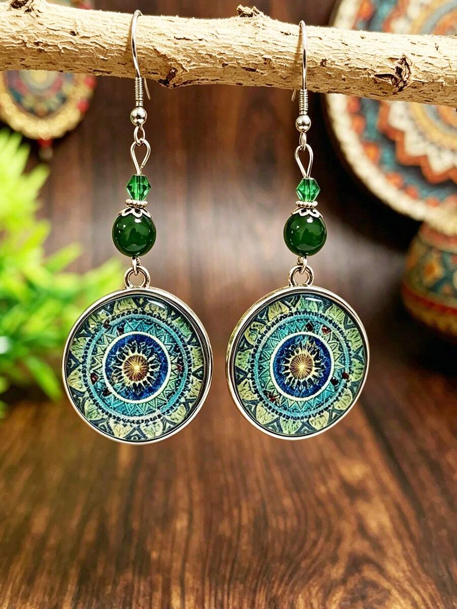 1 Đôi bông tai đá quý Mandala phong cách Bohemian, bông tai hạt cườm màu xanh lá cây cổ điển, kiểu dáng nghỉ dưỡng. - Nhiều màu - Xem 1