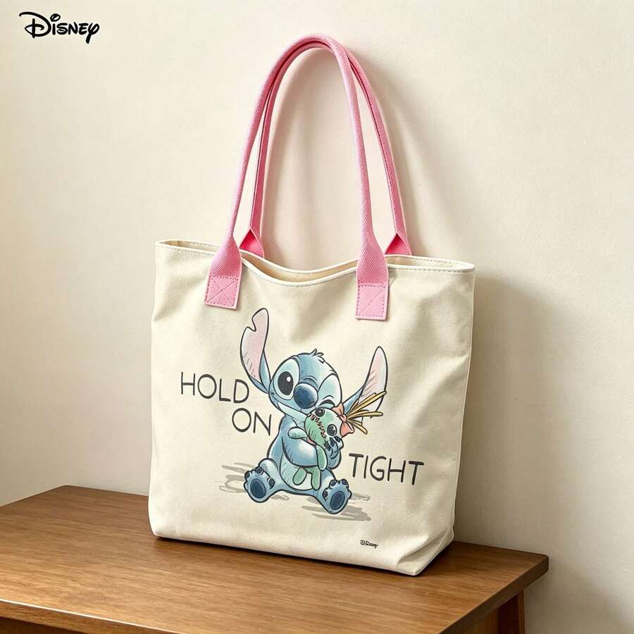 Miniso Bolso de mano y de hombro para laptop con estampado de dibujos animados de Stitch de Disney "Agárrate fuerte", bolso de hombro estiloso para uso diario - Rosa - Ver 1