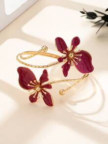 Elegant Red Enamel Flower Cuff Bracelet, Adjustable Gold Plated Floral Bangle, Ideal Gift For Valentine's Day, Mother's Day & Party Occasions - Màu Đỏ Sâu - Xem 12