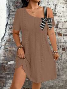 Linhara CURVE Vestido casual holgado de manga corta con textura calada y elástica, a rayas y parches, con lazo, de talla grande, elegante y de moda para el trabajo y el uso diario - Marrón - Ver 3