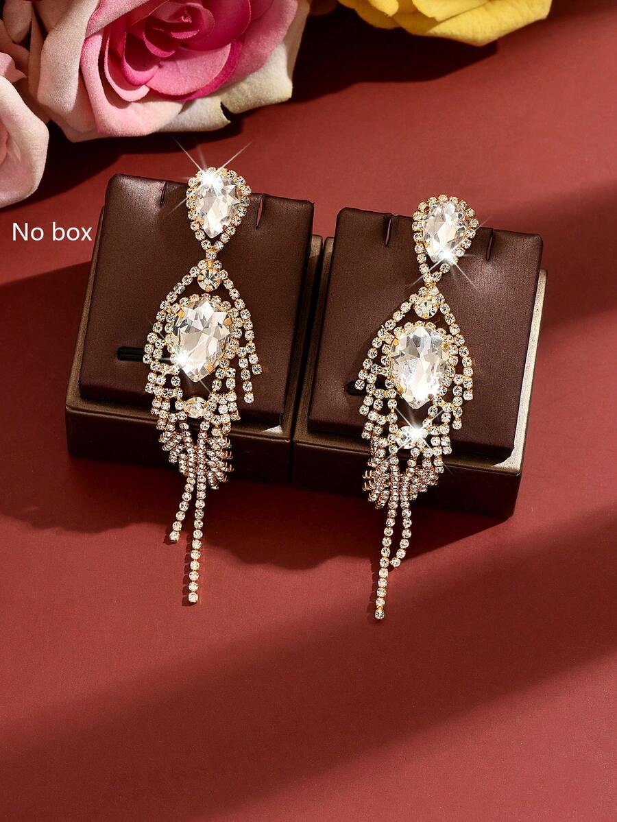 1 Pair Crystal Teardrop Tassel Dangle Earrings - Sparkling Rhinestone Chandelier Long Earrings, Copper Material Women's Long Tassel Earrings, Suitable For Wedding Bride, Gala, Party, Jewelry - Gold - View 1