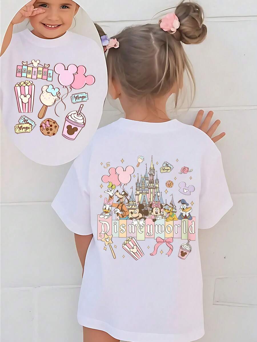 Disney Summer Tops,Disneyland Graphic Tee, Perfect For Cute Girls. Teen Girl Gift,Comfortable And Breathable Children's Short-Sleeved T-Shirt. 180g Pure Cotton Children's Clothes,Suitable For Both Boys And Girls.Suitable For Daily Wear, Vacations, Outdoor Activities, And As A Children's Gift. - 白色 - 查看 1