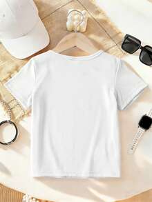 Disney 1pc Baby Girl Kids  Nick Judy Cheers T-Shirt "CHEERS!" Slogan Print Short Sleeve Unisex Summer Casual Top, Baby Girl Clothing Daiy Versatile, Breathable And Sweat-Free, Suitable For Spring/Summer, Vacation, Outdoor Activities, Also As A Kids Gift - trắng - Xem 3