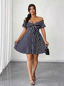 Elenzya Vestido casual de cambio de manga corta a rayas de talla grande, de moda para ir y venir - Celeste - Ver 10