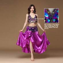 Sequin Spaghetti Strap Collar + Flowing Dance Skirt Inner Layer + Coin Tassel Waist Chain - Belly Dance Performance Festival Decorative Costume - Multicolor - View 13