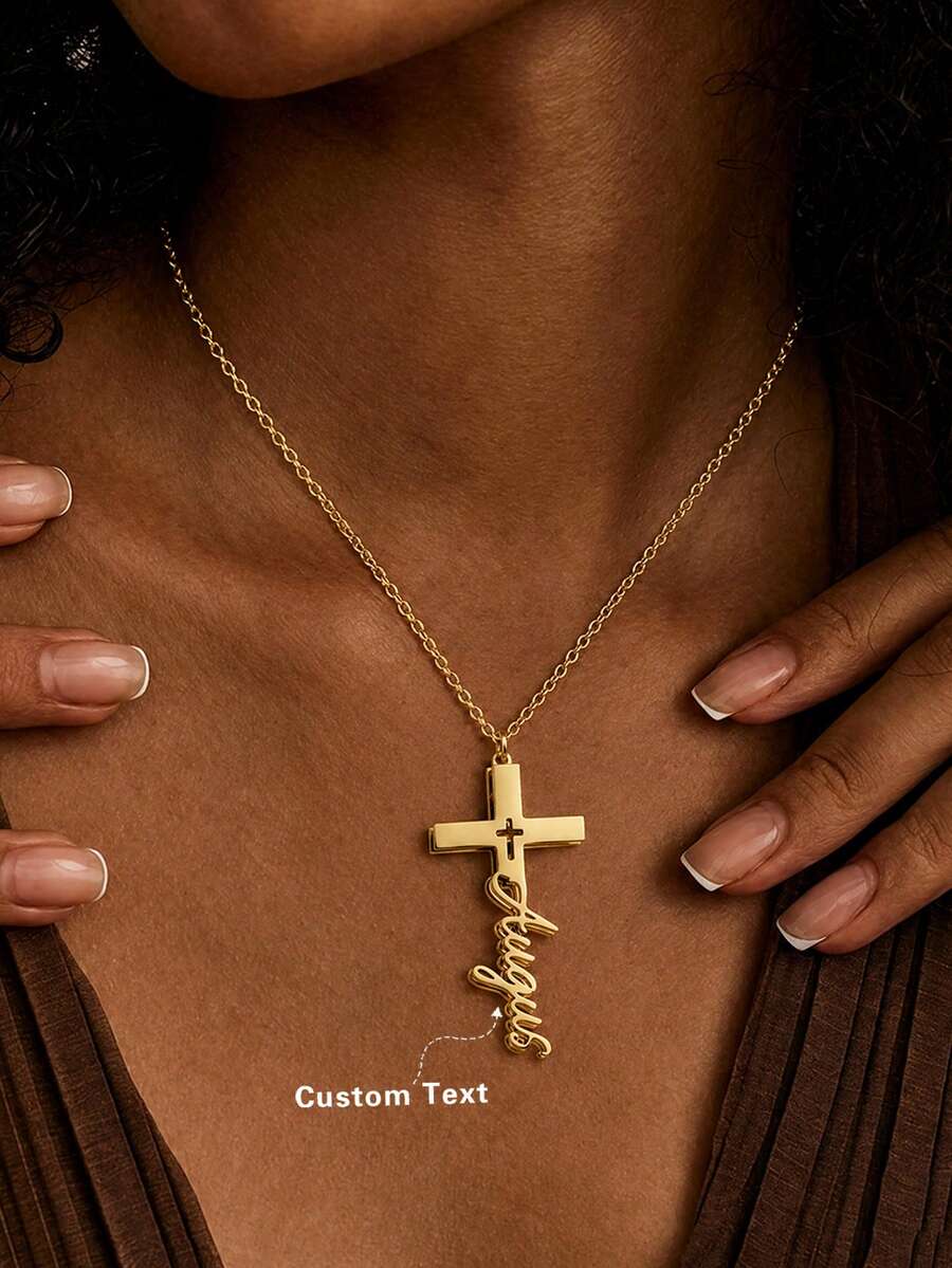 Personalized Elegant Minimalist Gold Cross Necklace With Name Text, Fashionable Luxury, Versatile, Youthful And Beautiful, Birthday Gift, Personalized Gift, Anniversary Gift, Customized Jewelry, Suitable For Friends, Family, Lover, Gatherings And Travels - Gold Double Layer - View 1