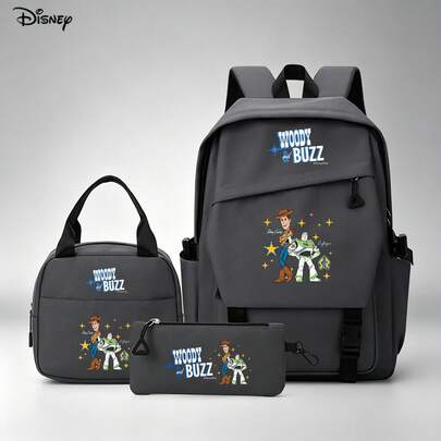 Miniso Disney Toy Story Woody & Buzz Lightyear 3 PiecesGrey Backpack Set - Grey Laptop Bag With Insulated Bag & Pencil Case Suitable For Office, Study And Travel