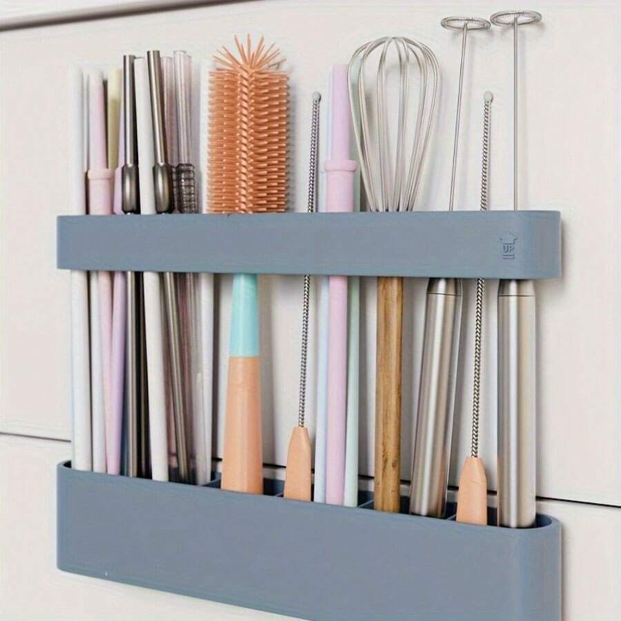 1pc Wall-Mounted Straw Storage Rack With Divided Compartments - Light Blue Plastic Storage Rack, Suitable For Standard And Wide Straws, Stir Sticks And Brushes - Space-Saving Kitchen Or Bathroom Design, Kitchen Organization And Storage - View 1