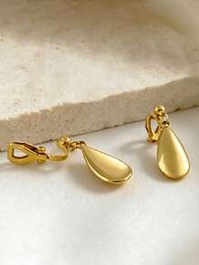 1 paire de boucles d'oreilles minimalistes en acier inoxydable avec pendentif goutte d'eau lisse, plaqué or 18 carats, convient pour un port quotidien, cadeau de bijoux - agrafe - Voir 5