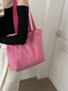 Dopamine Solid Color New Minimalist Large Capacity Glossy Shoulder Tote Bag, Personalized Soft Surface Commuter Handbag - Pink - View 3