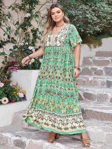 Women Plus Size Floral V-Neck Loose Dress Beach Holiday Summer Party Wedding Season Music Festival Vacation Elegant - màu xanh lá - Xem 5