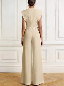 Casual Elegant Minimalist Solid Color Woven Fabric Front Button Zipper Pocket Jumpsuit, Suitable For Office Wear Spring/Summer - Apricot - View 4