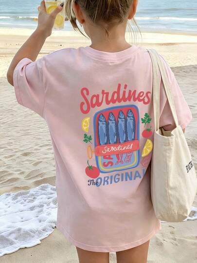 1件少女印花短袖T恤，学生青少年服装，夏季儿童礼物