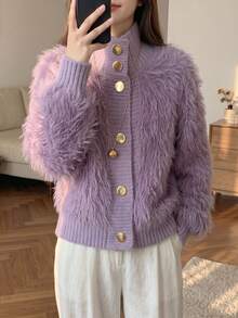 JIANHU Áo khoác cardigan dệt kim kiểu Hàn Quốc mềm mại - Áo len lông giả mềm mại với viền bèo hình quạt và cúc ngọc trai, áo khoác cổ cao thoải mái, đa năng cho trang phục hàng ngày, mùa thu/đông. - Màu tím - Xem 10