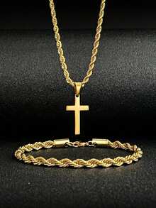 2pcs Vintage Unisex Twisted Stainless Steel Necklace & Bracelet Set, Gift For Father's Day, Christmas, New Year, Valentine's Day - Twist Necklace and Bracelet Set - View 11