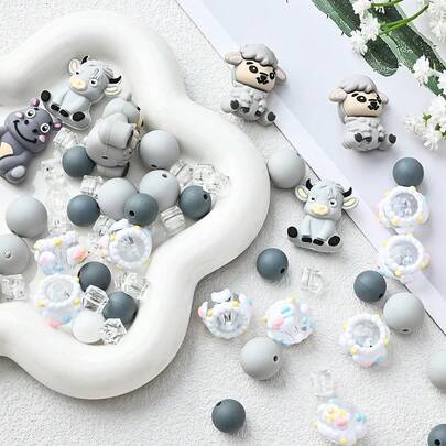 Bộ 24 hạt silicon hình động vật màu xám: Cừu/Bò/Hà Mã/Gấu, dùng để tự làm trang sức, vòng tay, dây chuyền, phụ kiện bút, dây đeo điện thoại, trang trí túi xách, đồ thủ công sáng tạo.