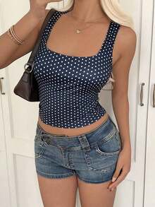 Top de punto con estampado de lunares blancos en estilo , blusa sin mangas adecuada para la playa, el trayecto y el uso casual de verano - Azul - Ver 2