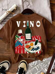 LUNE Camiseta de mujer, camiseta de manga corta con gráfico de estilo casual de calle, top de verano lindo - Marrón - Ver 4