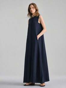 Vestido Largo Elegante Sin Mangas con Cuello Volante, Botones Frontales, Bolsillos y Flecos, Perfecto para Look de Verano y Eventos Informales - Azul - Ver 8