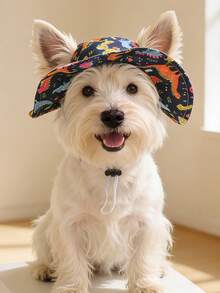 Deep Blue Multicolor Dinosaur Polyester Sun Hat, Ear-Exposed Design, Sun Protection Function. Dog Hat, Pet Essential Item. Suitable For Small Dogs To Wear Outdoors All Year Round. - Multicolor - View 4