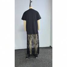 Women's Oversized T-Shirt Maxi Dress With Sheer Lace Hem Drop Shoulder Short Sleeve Perfect For Street Style - Black - View 9