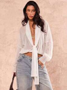 Blusa de gasa semi-transparente para mujer, con textura jacquard y diseño cruzado con lazo.Mangas anchas y tejido fluido, ideal para looks románticos y de fiesta. - Blanco - Ver 4