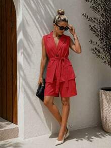ADD MODA, REF: H972   Conjunto feminino, terno de duas peças, blusa sem mangas com cinto, shorts cintura alta, sofisticação, estilo moderno, peça versátil, visual elegante, look para qualquer ocasião, alfaiataria casual, design atual, cores vibrantes, acabamento de alta qualidade, moda sofisticada, item essencial, estilo único, frescor primavera-verão, coleção estilosa. - Vermelho - Visão 1