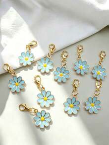 10pcs/Set Mini Daisy Flower With Lobster Clasp Keychain, Y2K Floral Bag Accessories Set, Car Decor, Backpack Pendant, Suitable For School, Cute Goth Style - Sky Blue Eight Petals - View 3