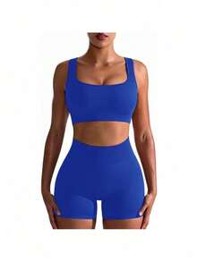 Workout Sets For Women 2 Piece Seamless Ribbed Crop Tank High Waist Shorts Yoga Outfits - 藍色 - 查看 1