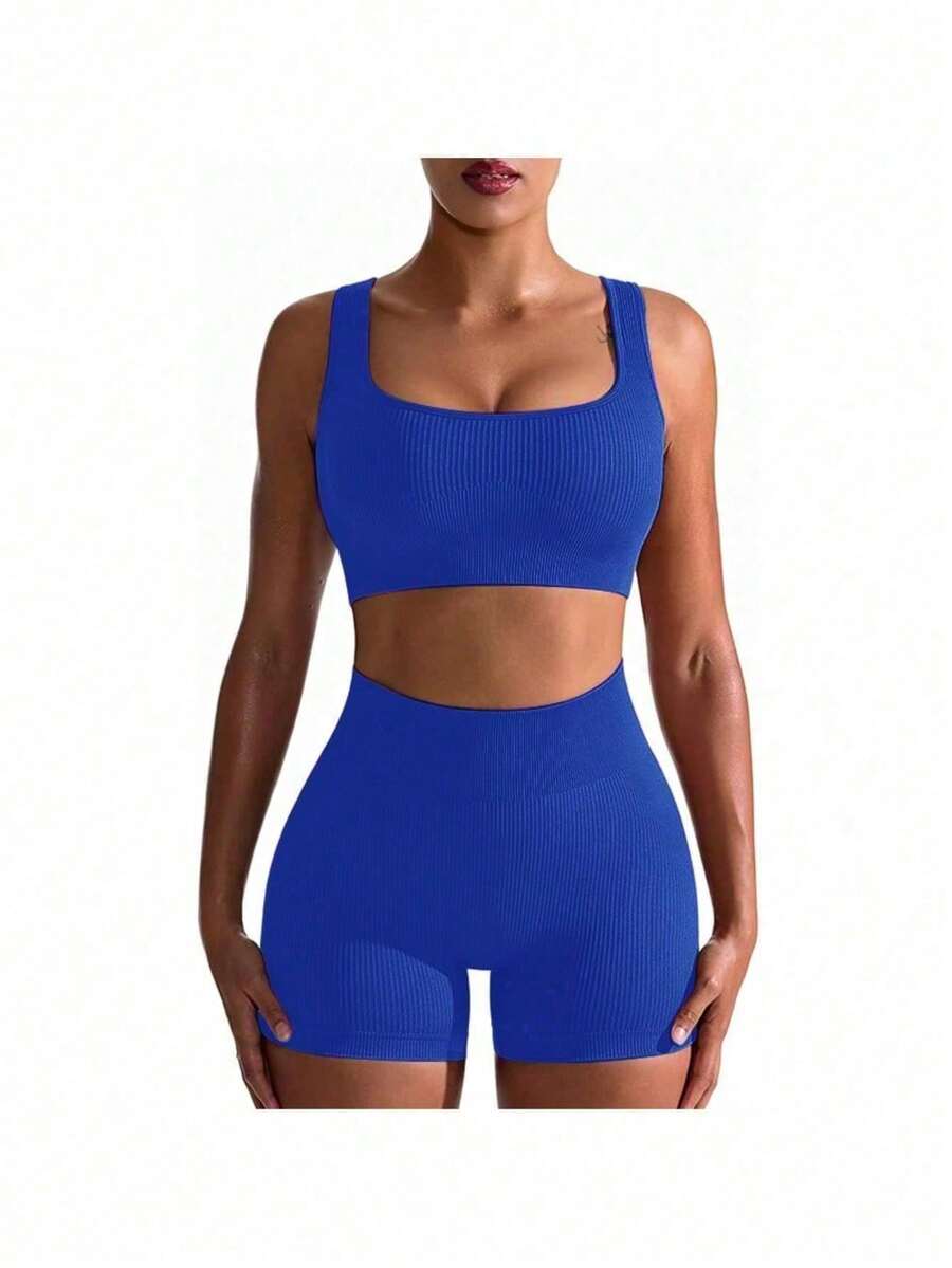 Workout Sets For Women 2 Piece Seamless Ribbed Crop Tank High Waist Shorts Yoga Outfits - 藍色 - 查看 1