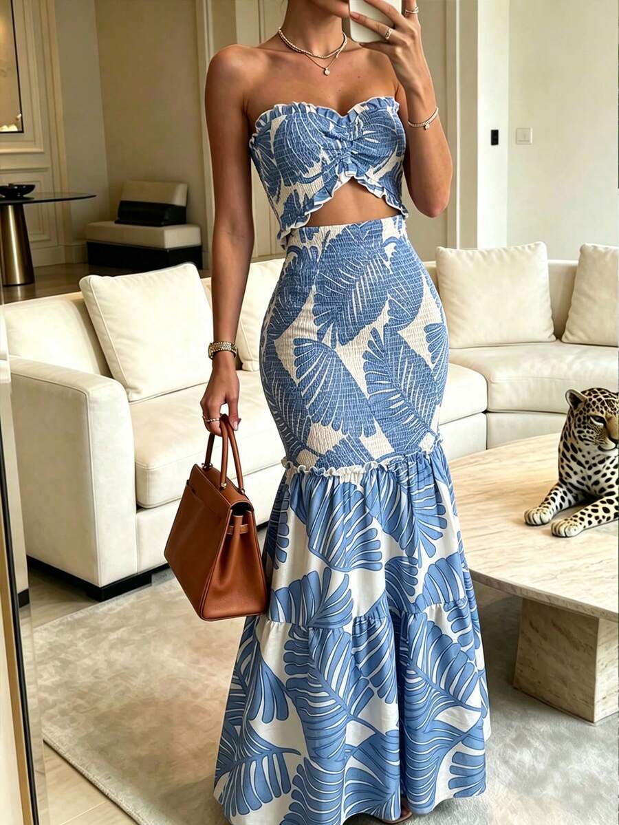 Spring Strapless Women's Sexy Elegant Bodycon Hollow Out Design Ruffle Trim Floral Print Maxi Dress Summer