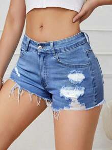 Pantalones cortos de mezclilla para mujer con bolsillos y bajo deshilachado - Azul lavado medio 2 - Ver 5