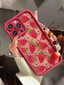 可爱草莓元素手机壳，时尚UV全屏草莓图案防震手机壳，附赠草莓挂绳，适用于 17/17Pro/17ProMax/16/16Pro/16ProMax/15/15Pro/15ProMax/14/13/12/11，春夏生日礼物 - 酒紅色 - 查看 2
