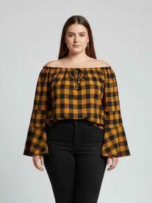 Women's Plaid Shirt, Plus Size  Style Blouse, Long Sleeves, Sizes GG, G1, G2, G3 - Marrom-duna - View 1