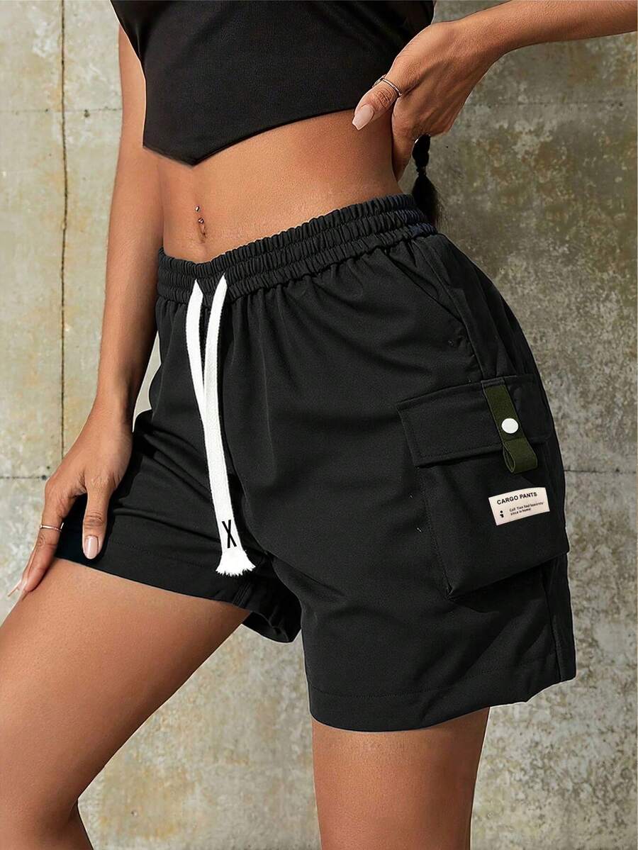 Quần short nữ màu đen dệt kiểu cargo, có dây rút và túi, không co giãn, ống thẳng, kiểu dáng thường ngày. - màu đen - Xem 1