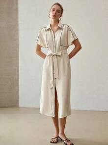 Vestido Midi Elegante con Cuello de Camisa, Costuras en Contraste, Cinturón y Abertura Frontal, Estilo Profesional para Ocasiones de Trabajo y Eventos Diarios - Albaricoque - Ver 4