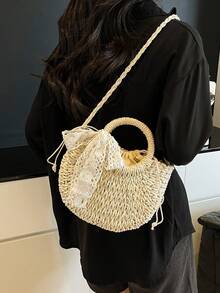1pc Seashell & Starfish Decor Straw Bag, Detachable Chain Mini Woven Tote Handbag, Summer Beach Vacation Daily Use - Beige - View 6